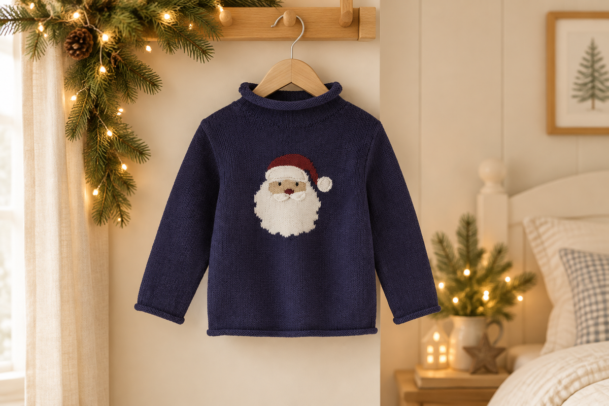 Mud Pie navy Santa rollneck sweater hanging in a festive children’s bedroom, size Medium (2T-3T)