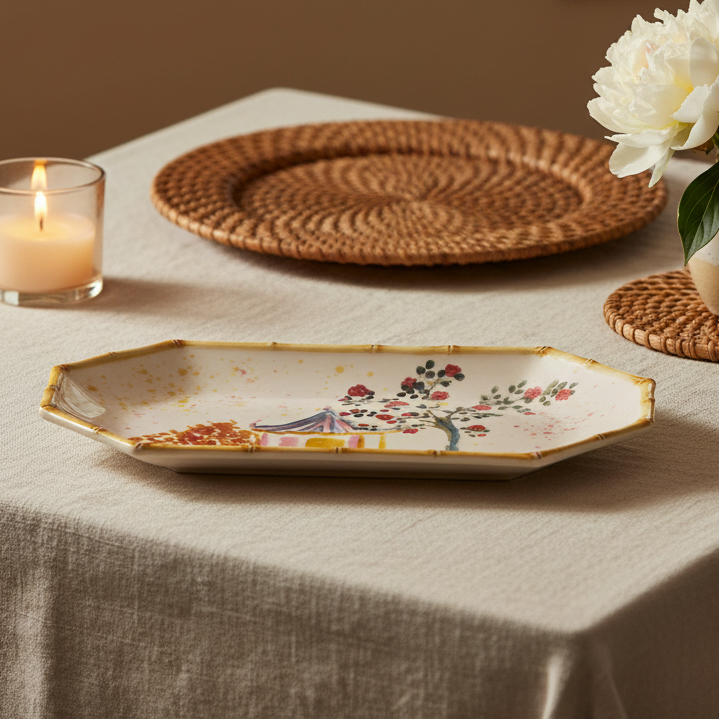 Decorative table setting with a candle, woven plate, floral arrangement, and decorative plate on a beige tablecloth. Hand-Painted Stoneware Decorative Plate with Palm Tree & Bamboo Design creative co-op. 