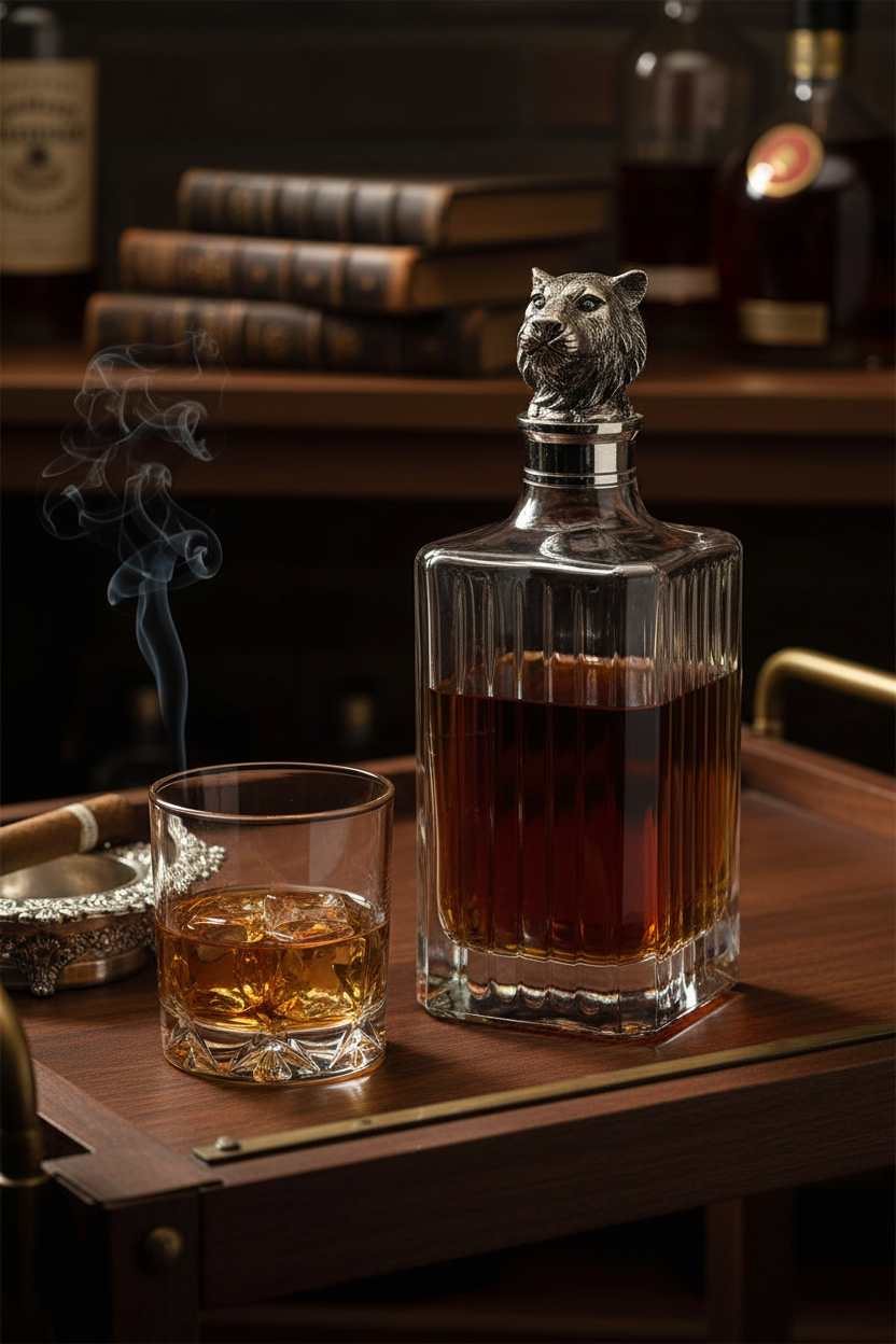 Whiskey decanter with a smoking glass on a wooden tray in a bar setting