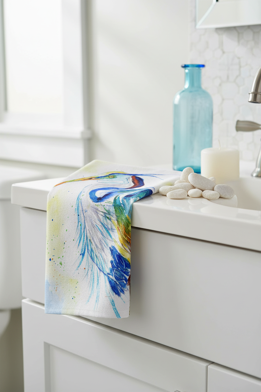 Betsy Drake Interiors Watercolor Heron colorful blue heron art guest towel draped over a white bathroom vanity with a blue glass bottle, white pebbles, and a white candle