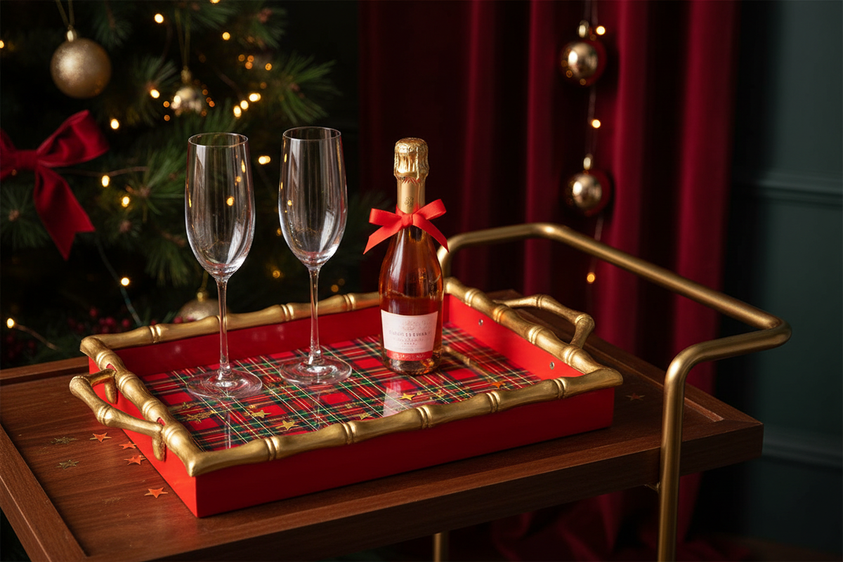 Red Plaid Gold Bamboo Decorative Tray - Festive Holiday Home Decor & Christmas Entertaining Gift