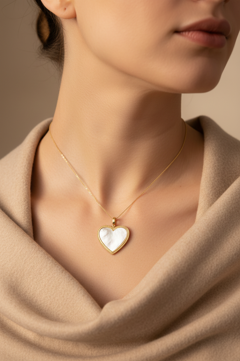 Necklace with a heart-shaped pendant worn by a person in a beige garment.
