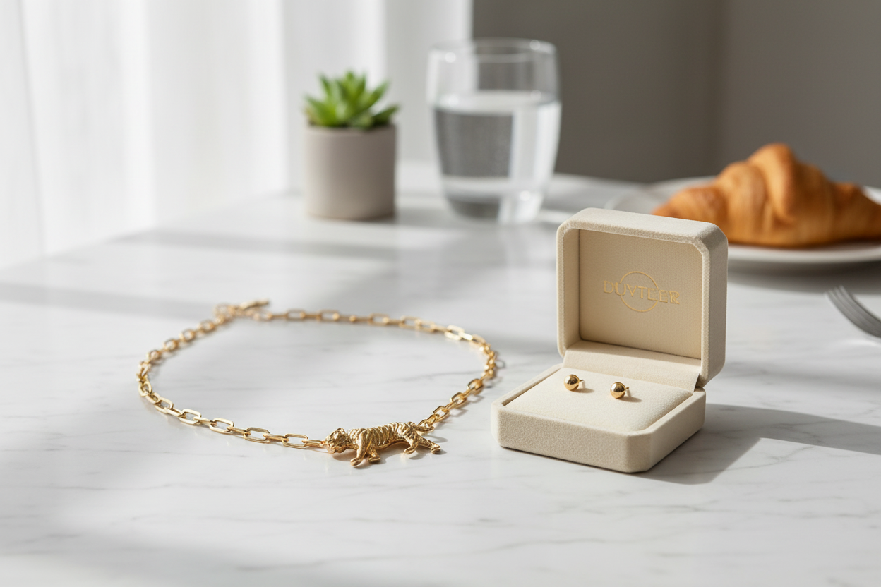 Grace Ann designs Gold bracelet and earrings on a marble surface with a plant and glass in the background
