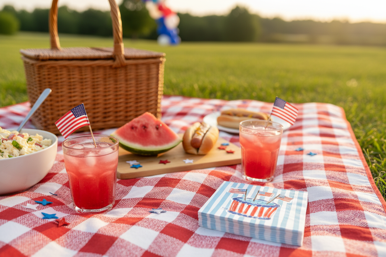 Picnic setup with drinks, food, and a basket on a checkered blanket in a field.