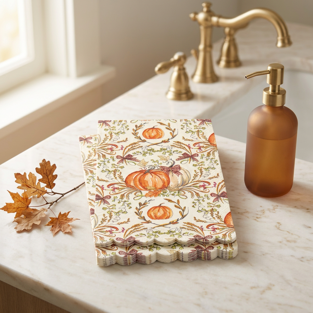 Harvest-pattern paper guest towels with pumpkins and greenery on an autumn guest-bath vanity.