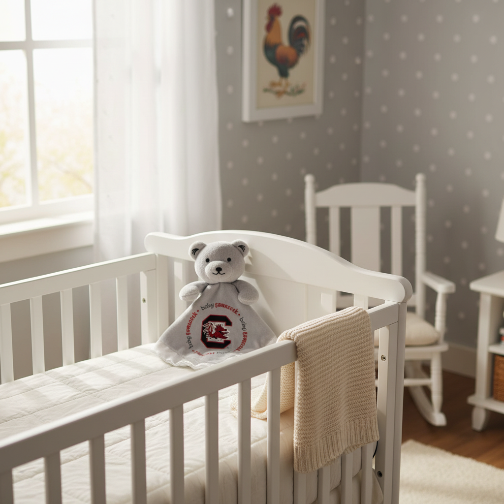 White crib with a teddy bear in a nursery room with polka dot walls and a rocking chair.