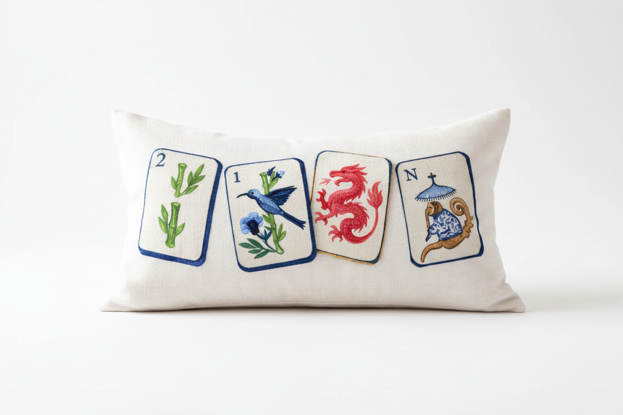 Southern Cotton Mill Decorative pillow with mahjong designs on a white background