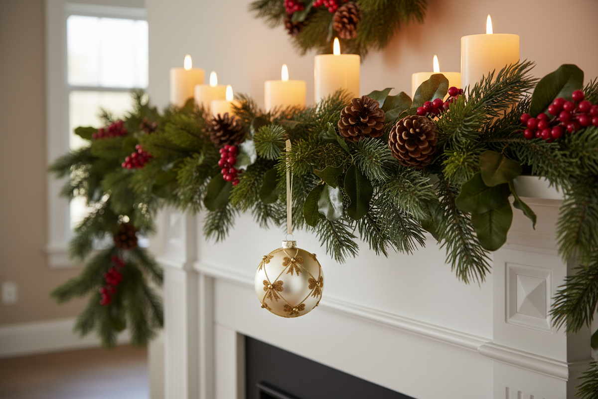 Cream glass Christmas ball ornament with gold beaded bow details styled in evergreen mantel garland