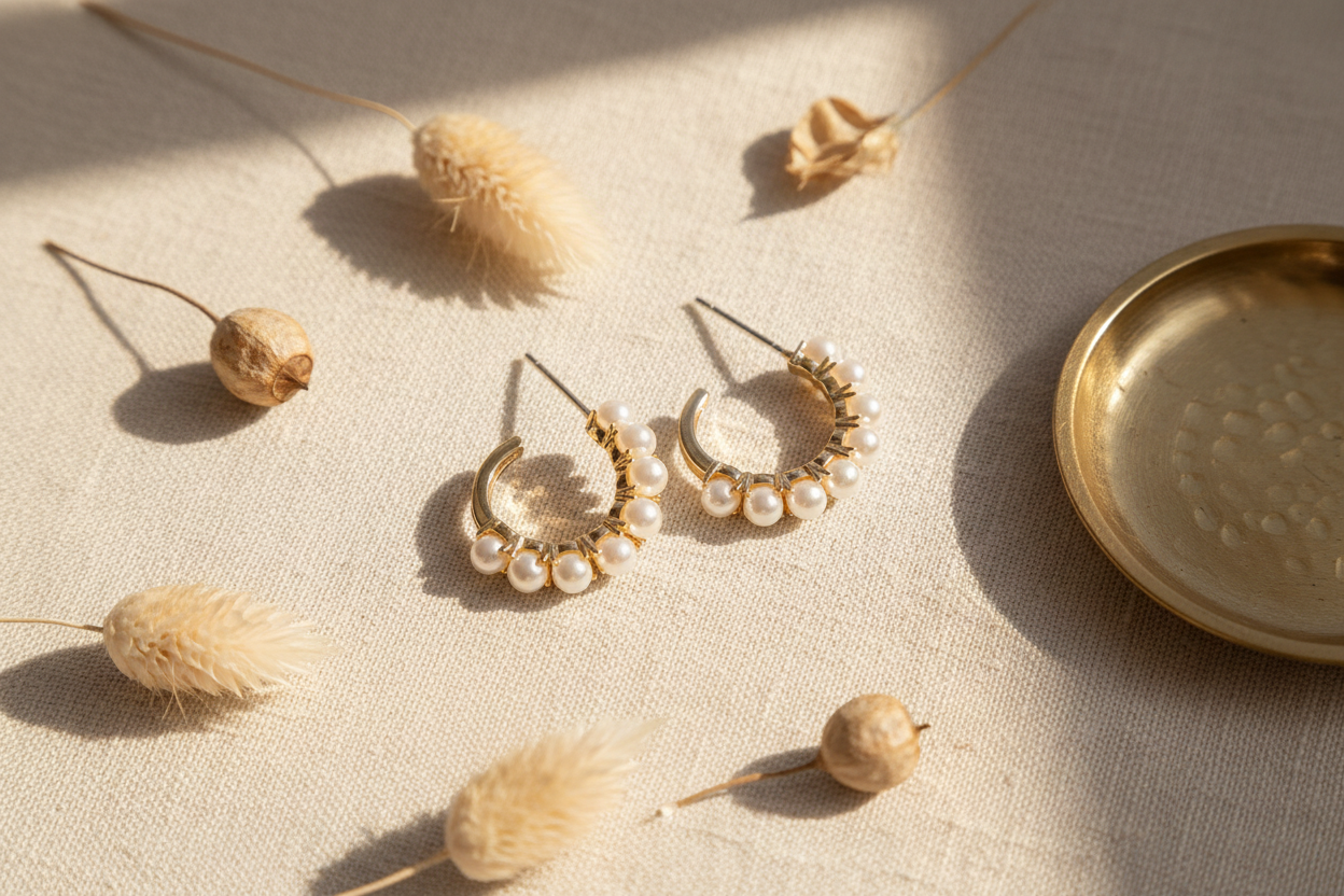 Gold hoop earrings with pearls on a textured surface with dried flowers.