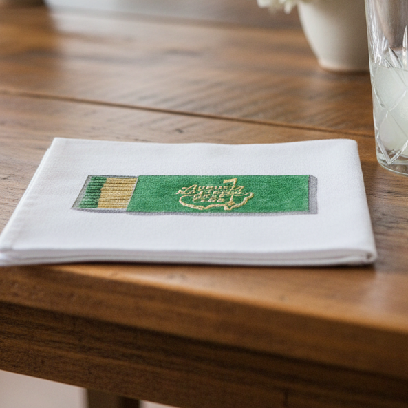 Napkin with a green Augusta National golf course label on a wooden table with flowers and a glass.