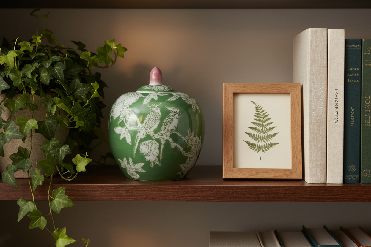 Hazel Mazel green chinoiserie stoneware ginger jar on a bookshelf with trailing ivy, a botanical print, and a linen-covered book