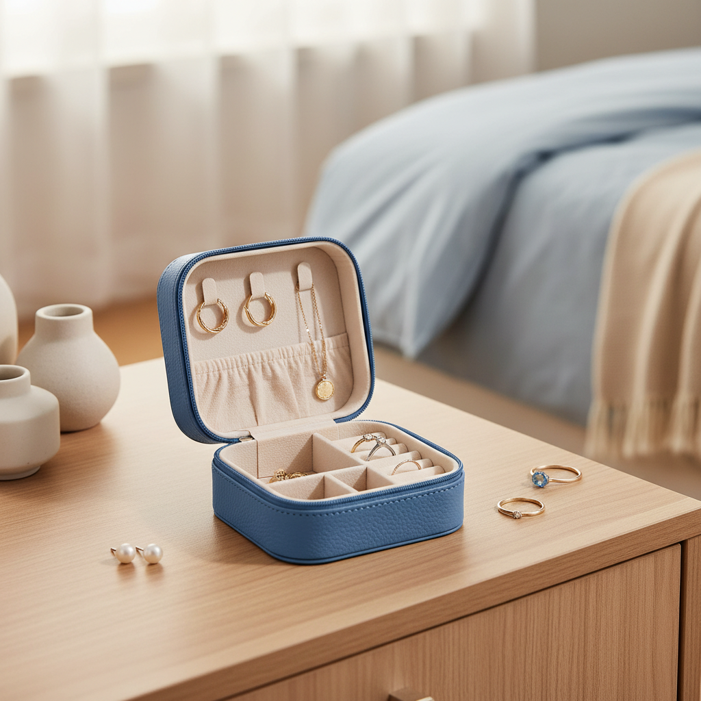 Toss Designs blue textured vegan leather travel jewelry box open with earrings and rings on a bedroom dressing table