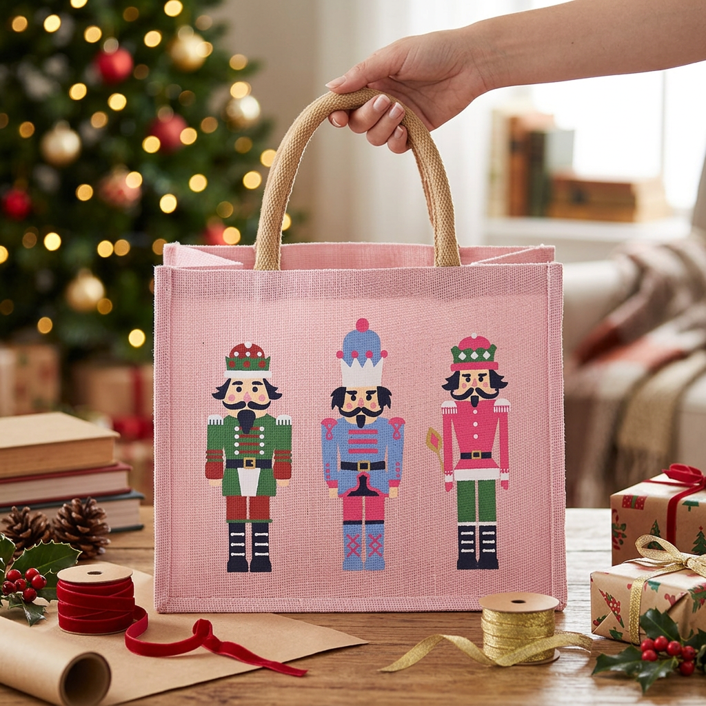 Light pink Nutcracker March gift tote held by its natural handles over a holiday gift-wrapping table with ribbon and wrapped presents.