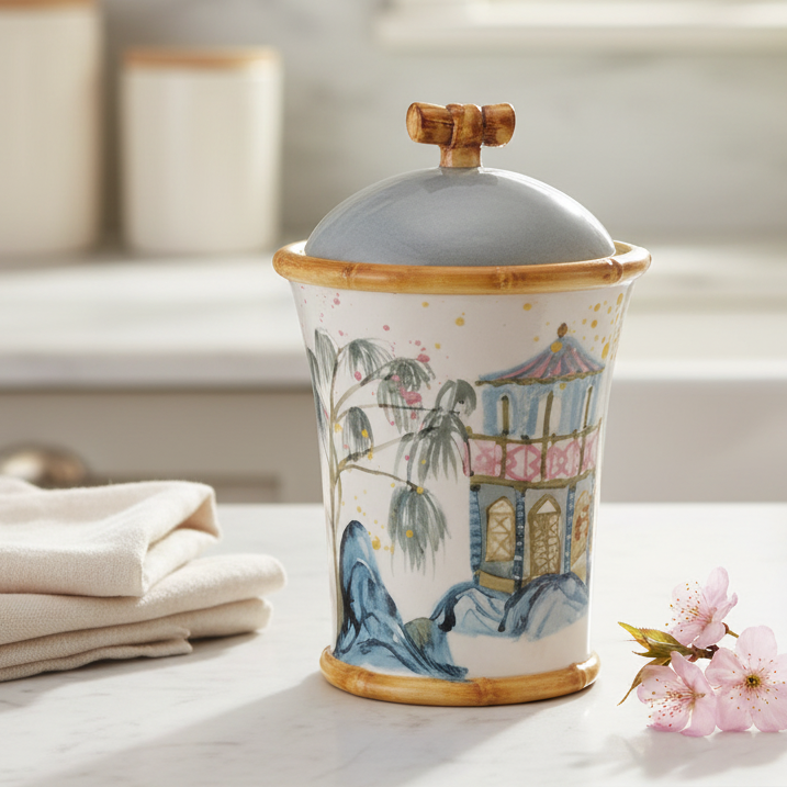 Decorative ceramic jar with floral design on a marble surface with cherry blossoms. - Creative Co-Op Hand-Painted Stoneware Canister with Chinoiserie House, Palm Tree & Bamboo Design