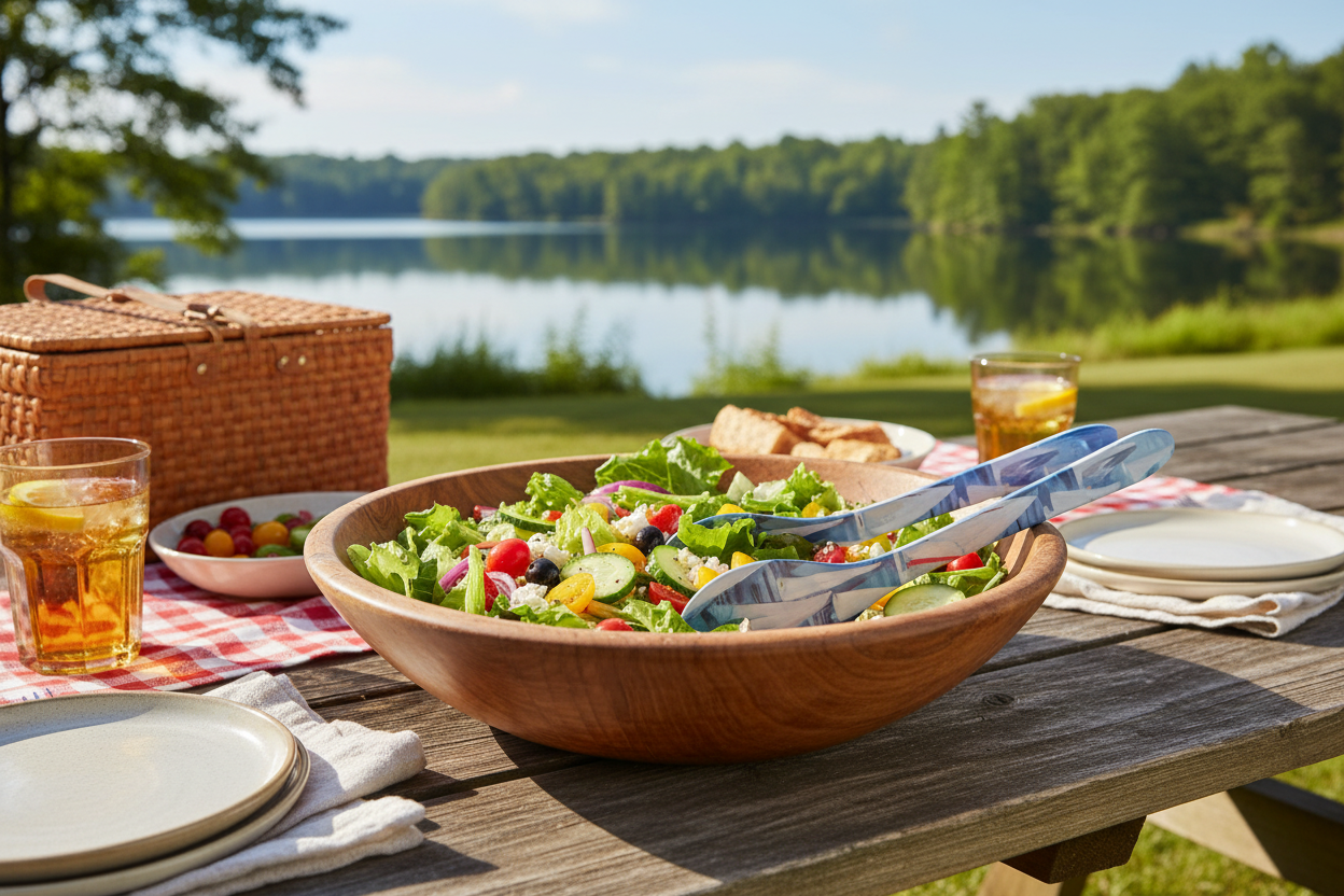 Outdoor picnic scene with a bowl of salad, drinks, and picnic basket by a lake.