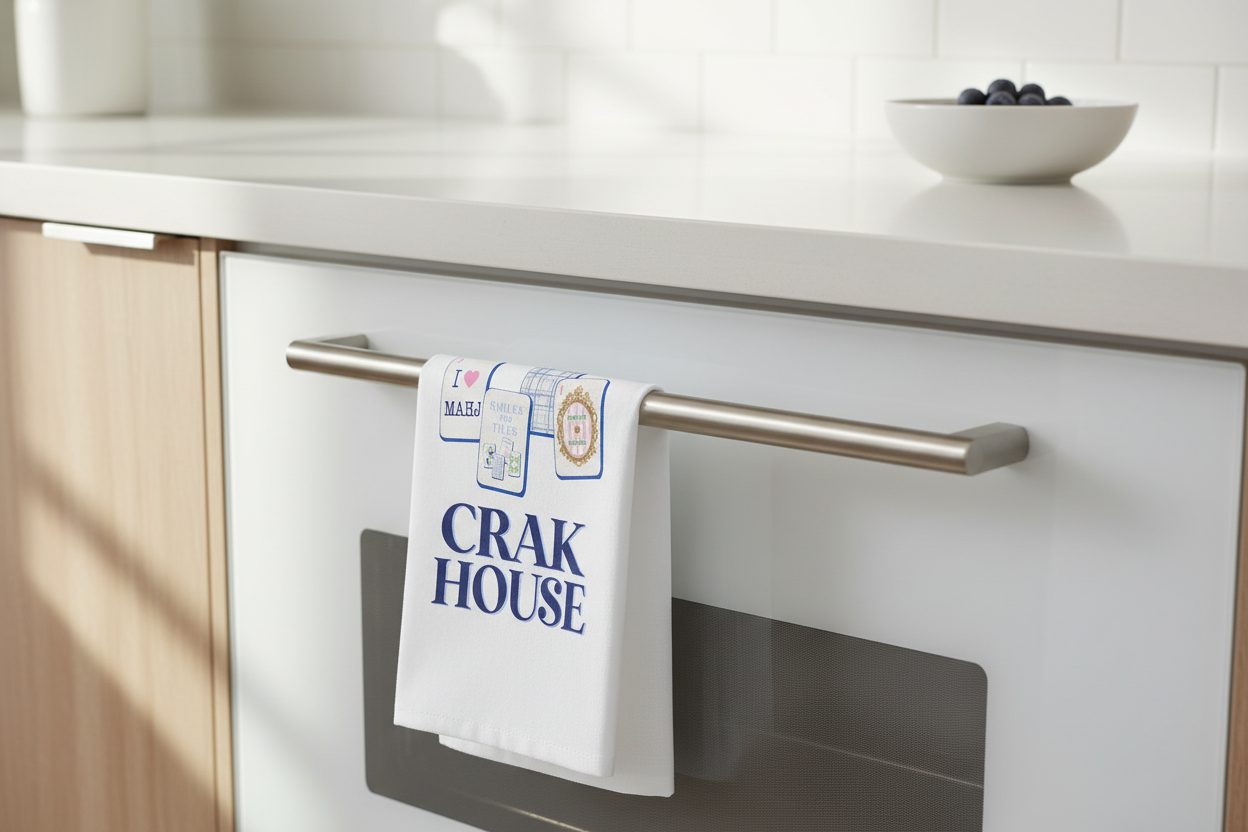 Toss Designs Crak House kitchen towel draped over a modern kitchen oven handle