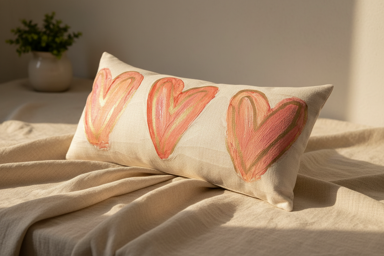 Southern Cotton Mill Three Heart Decorative pillow with heart designs on a bed