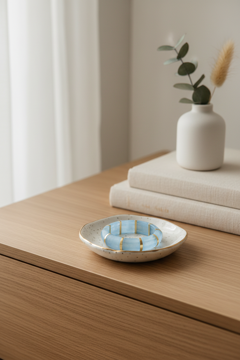 Ceramic dish with blue and gold pattern bracelet inside of it on a wooden surface with a vase and books in the background.