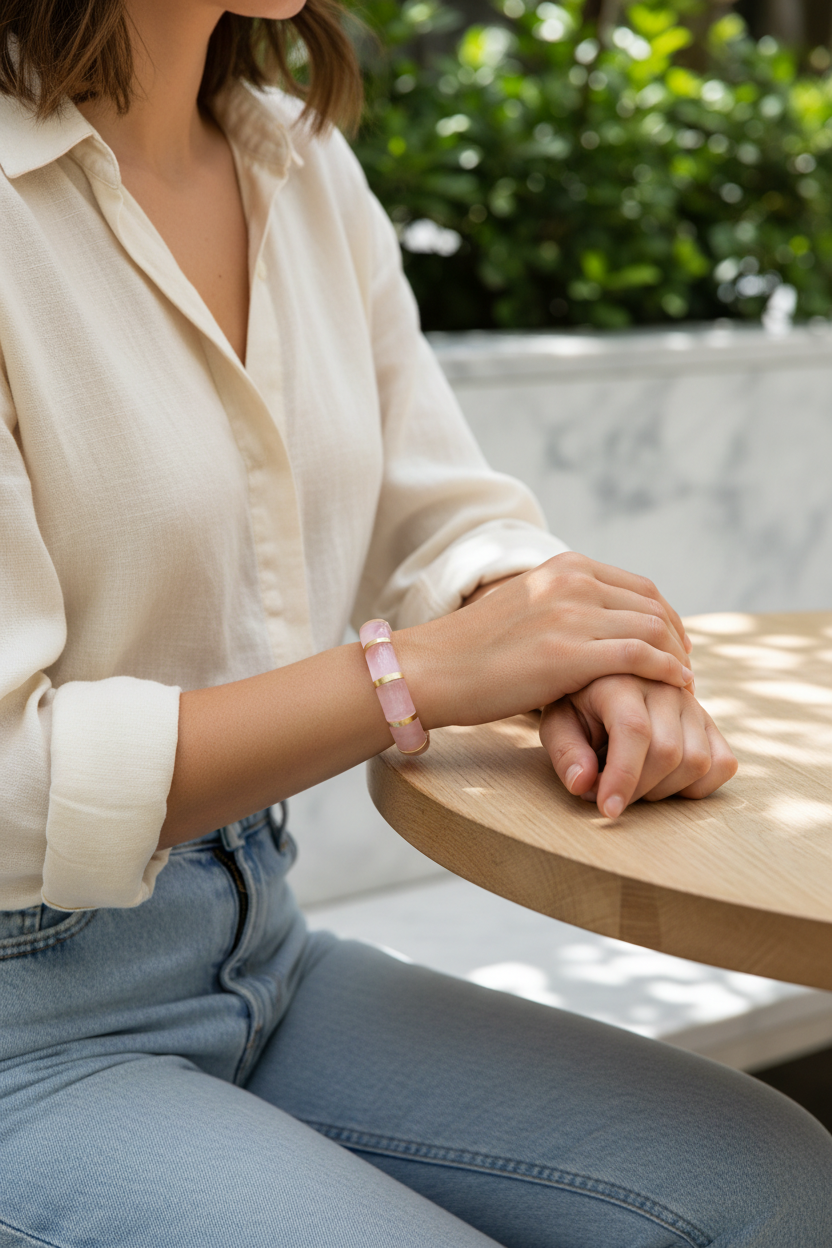 Person sitting at a wooden table with hands clasped, wearing a pink bracelet.