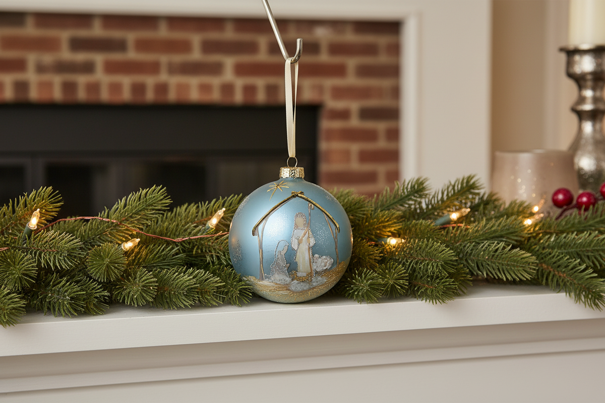 5-inch blue glass Holy Night nativity ornament displayed on a holiday mantel with evergreen branches and warm lights