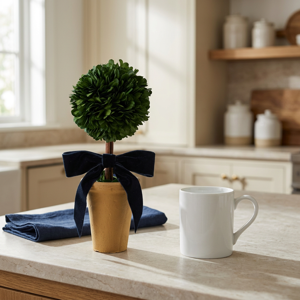 Dried Boxwood Tree in Terra-cotta Pot w/Navy Velvet Bow