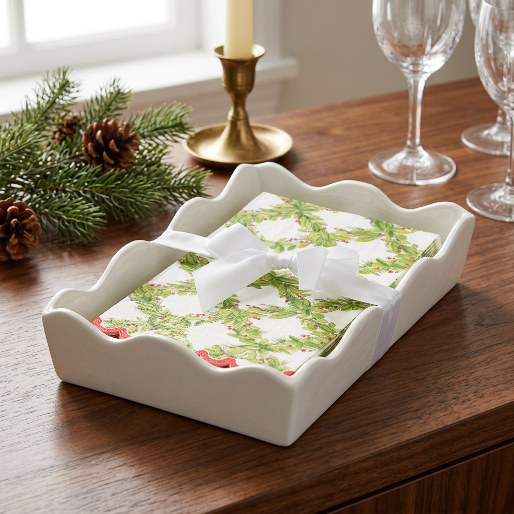 Holly Berry paper napkins and white wavy ceramic tray styled on a Christmas sideboard.