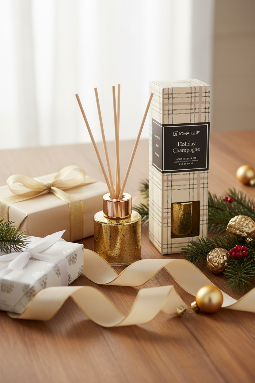 Aromatique reed diffuser in gold next to a decorative box On a holiday table 