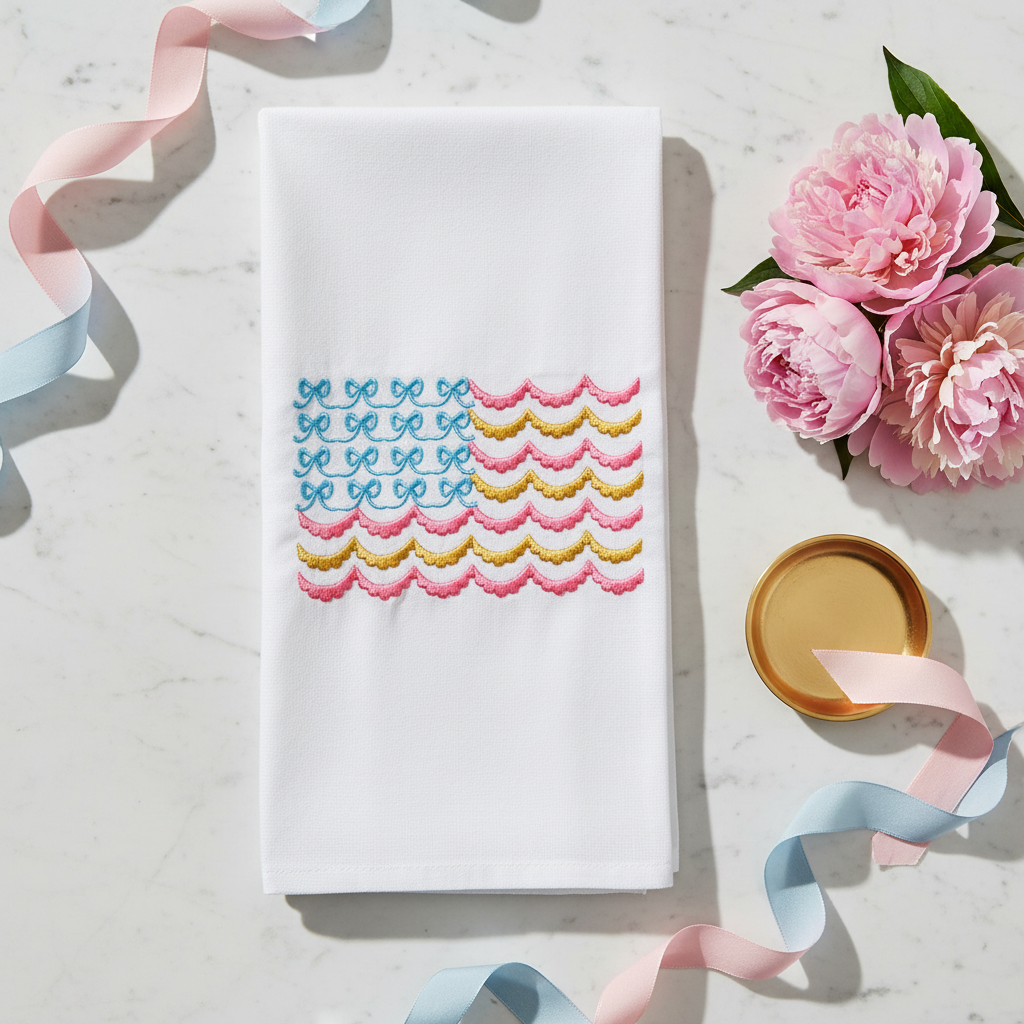 Flat lay of white bows and banners American flag tea towel styled on marble with pink peonies and gold accents