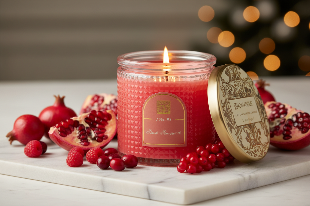 Aromatique Lit candle in a decorative jar with pomegranates and berries on a marble surface