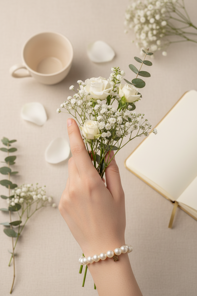 Hand holding a small bouquet of white flowers on a light surface with a cup and notebook.