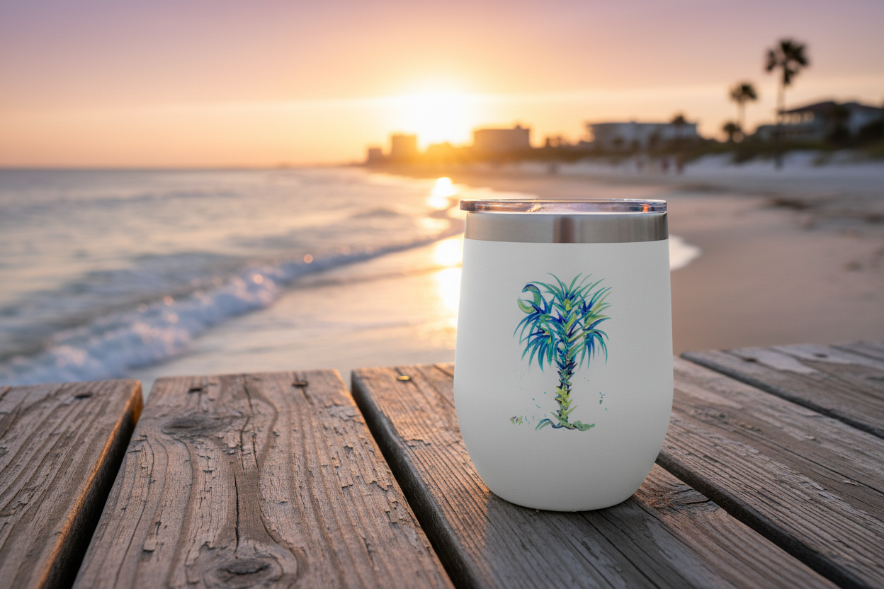 Palmetto insulated stemless wine tumbler on a weathered wooden dock at sunset with coastal beach scene in background