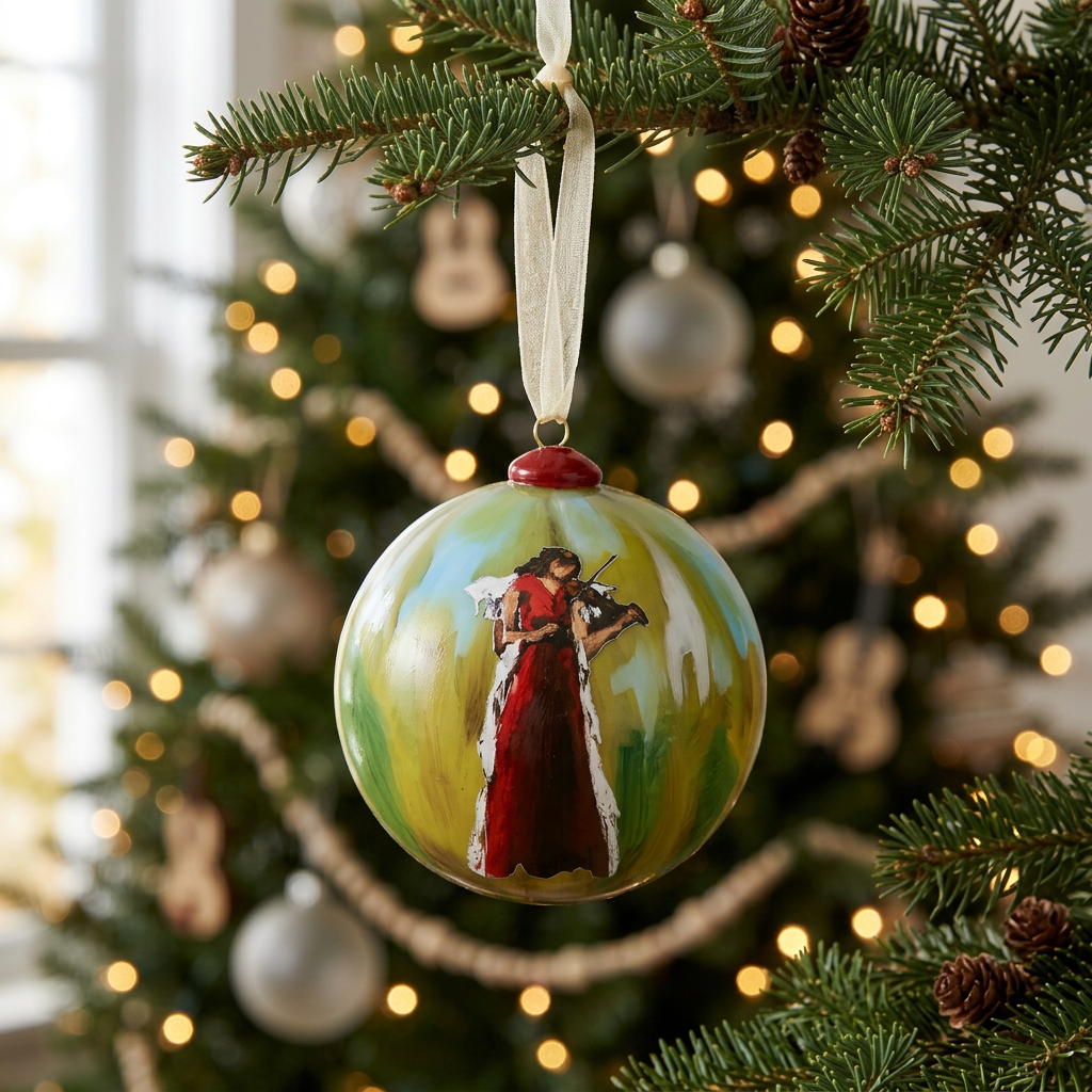 Hymn of Heaven hand-painted glass angel ornament hanging on an evergreen Christmas tree with warm lights