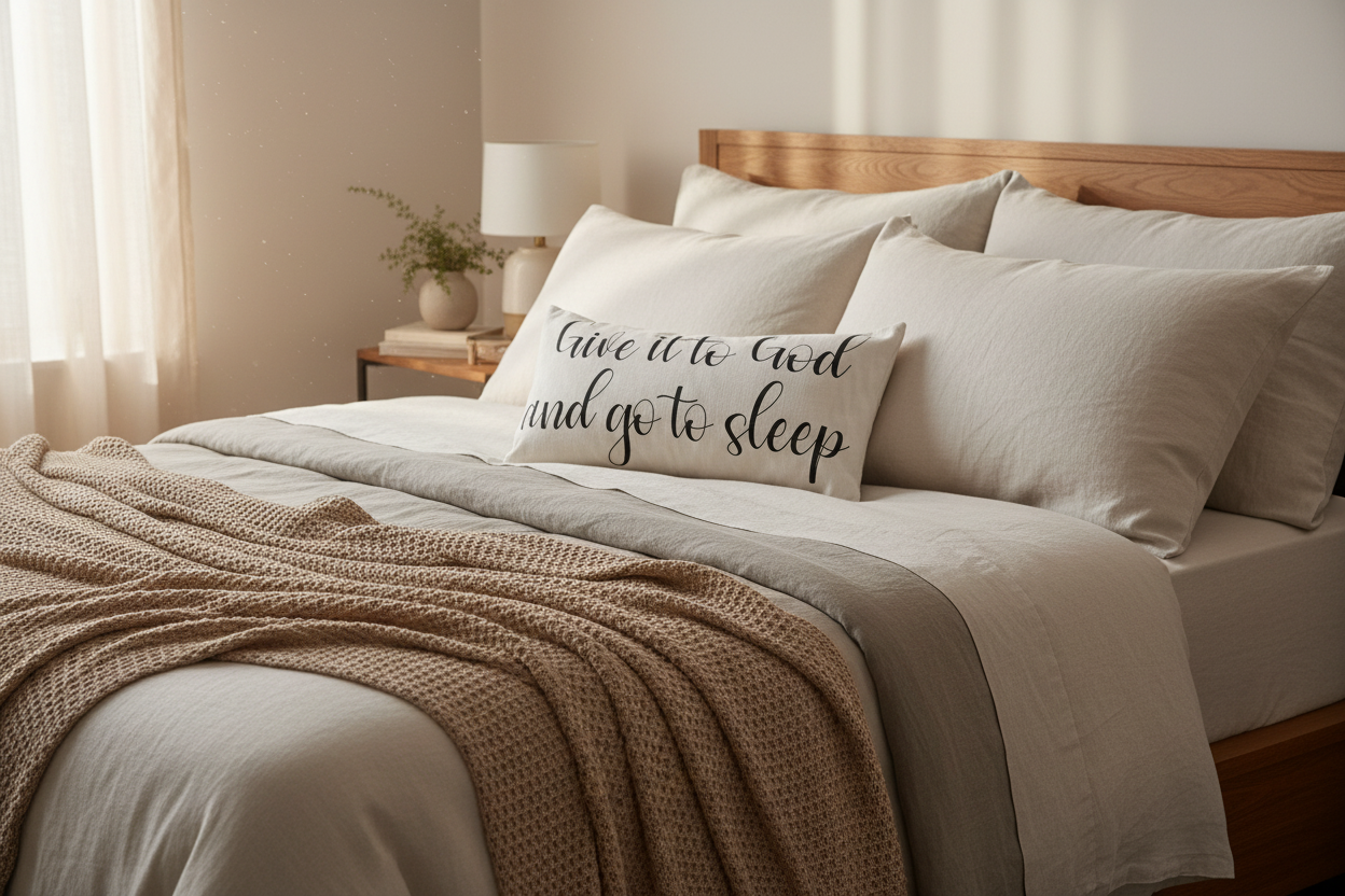 Decorative pillow with text 'Give it to God and go to sleep' on a bed with neutral linens 