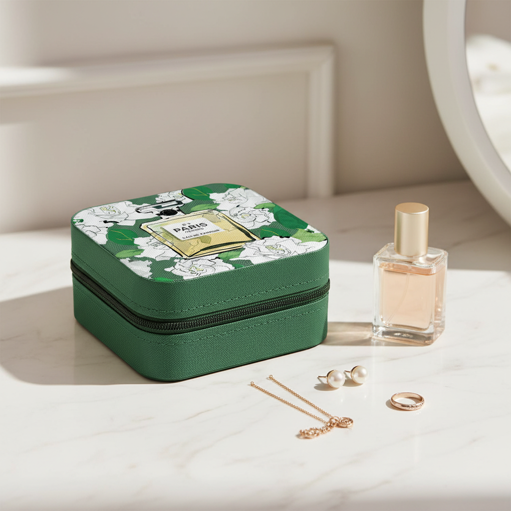 Toss Designs green floral perfume-bottle travel jewelry box closed beside perfume and jewelry on a bright vanity