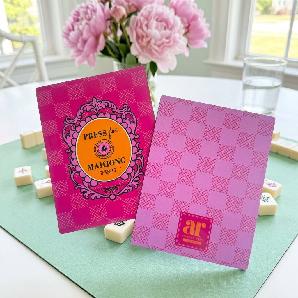 Pink checkerboard Mahjong tile shufflers with orange Press for Mahjong crest and lavender reverse, styled on a mint game mat beside tiles and pink flowers.