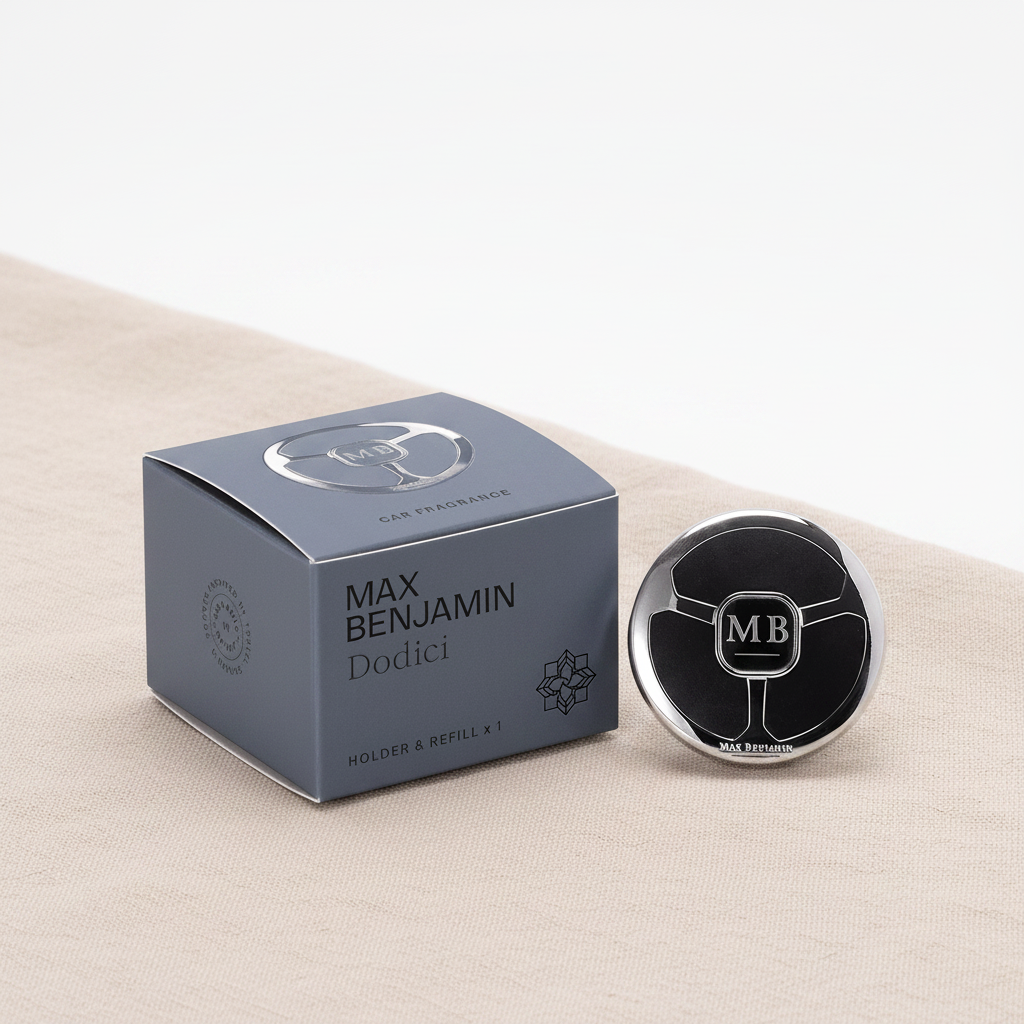 Max Benjamin Dodici Car Fragrance Dispenser and slate grey gift box on natural linen backdrop