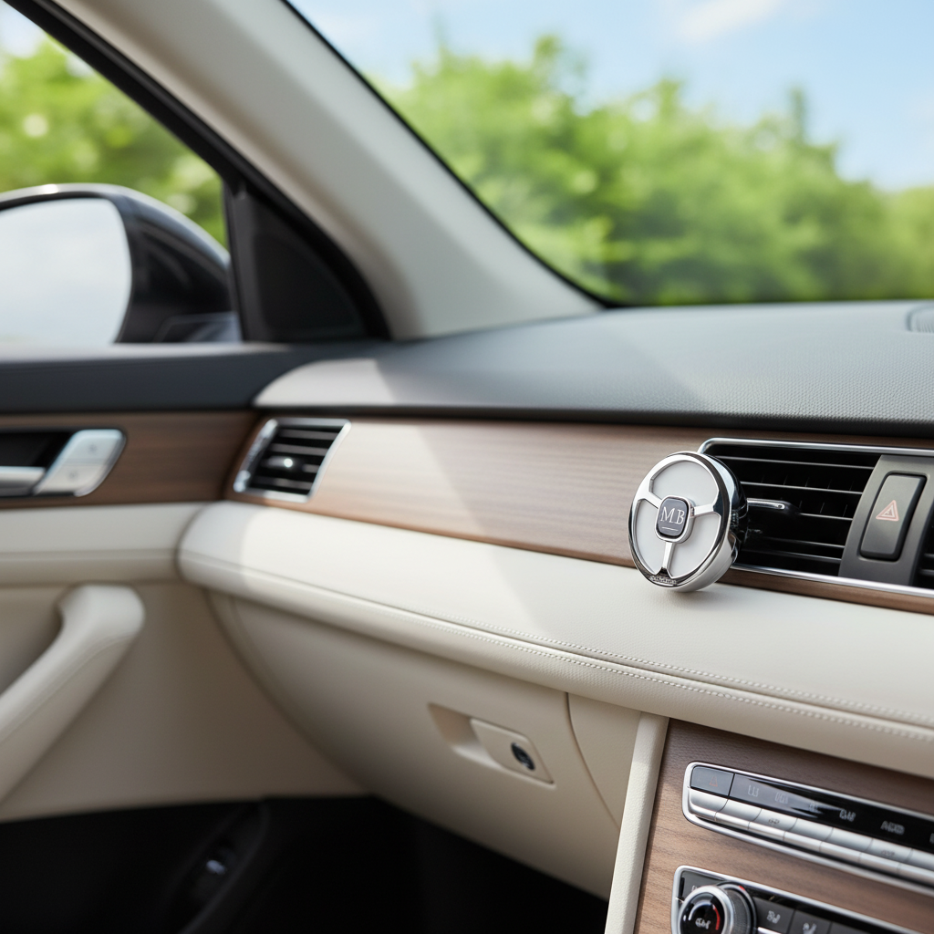 Max Benjamin White Pomegranate Car Fragrance Dispenser clipped to car air vent in modern car interior
