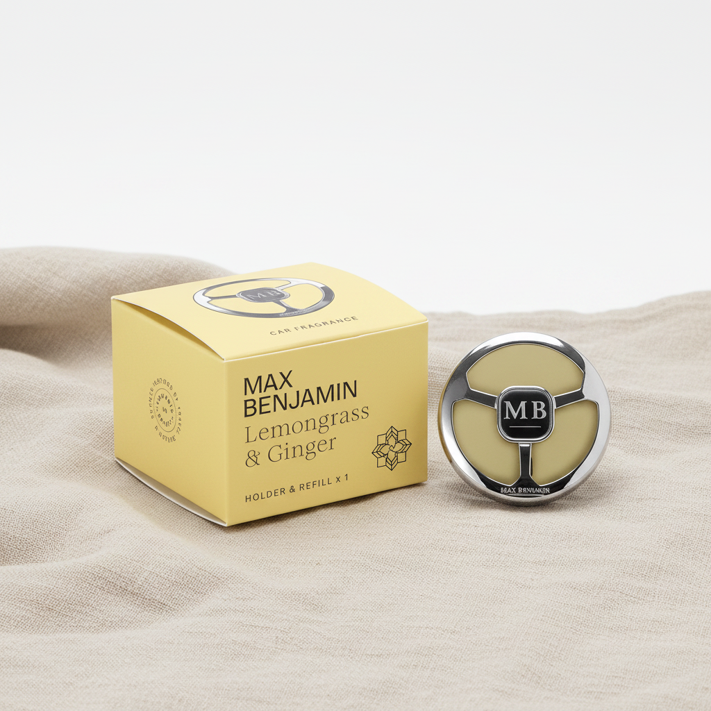 Max Benjamin Lemongrass and Ginger Car Fragrance Dispenser and pale yellow gift box on natural linen backdrop