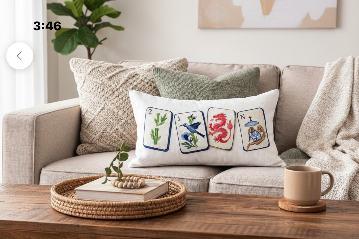 Southern Cotton Mill Decorative pillow with mahjong designs on a couch with a coffee table in the foreground