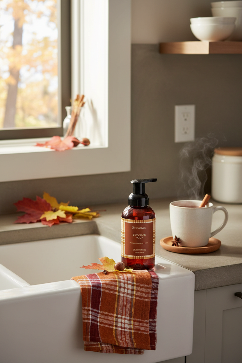 Cinnamon Cider foaming hand soap in a brown bottle on a sink 