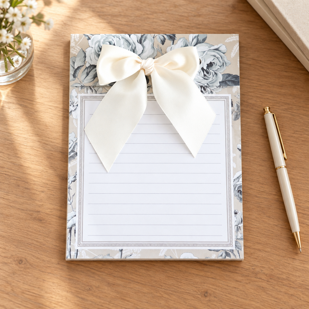 Faded Rose Bow Pad with floral border and satin bow on a wooden desk beside a pen