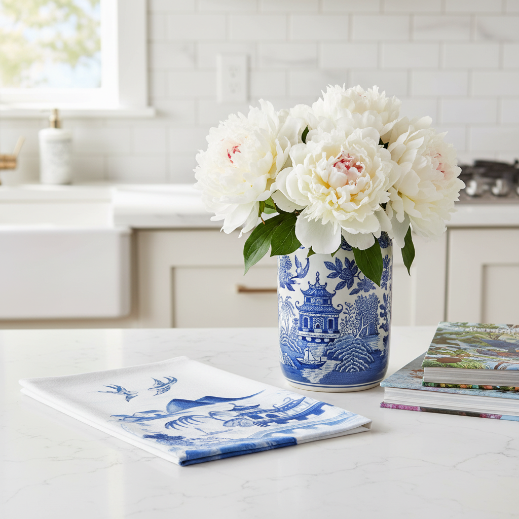 Betsy Drake Interiors Canton Scene blue and white chinoiserie tea towel folded on a white kitchen counter with a ceramic vase of white peonies and art books