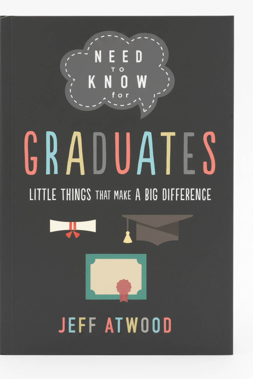 Book titled 'Need to Know for Graduates' by Jeff Atwood with graduation-themed illustrations on a dark background.