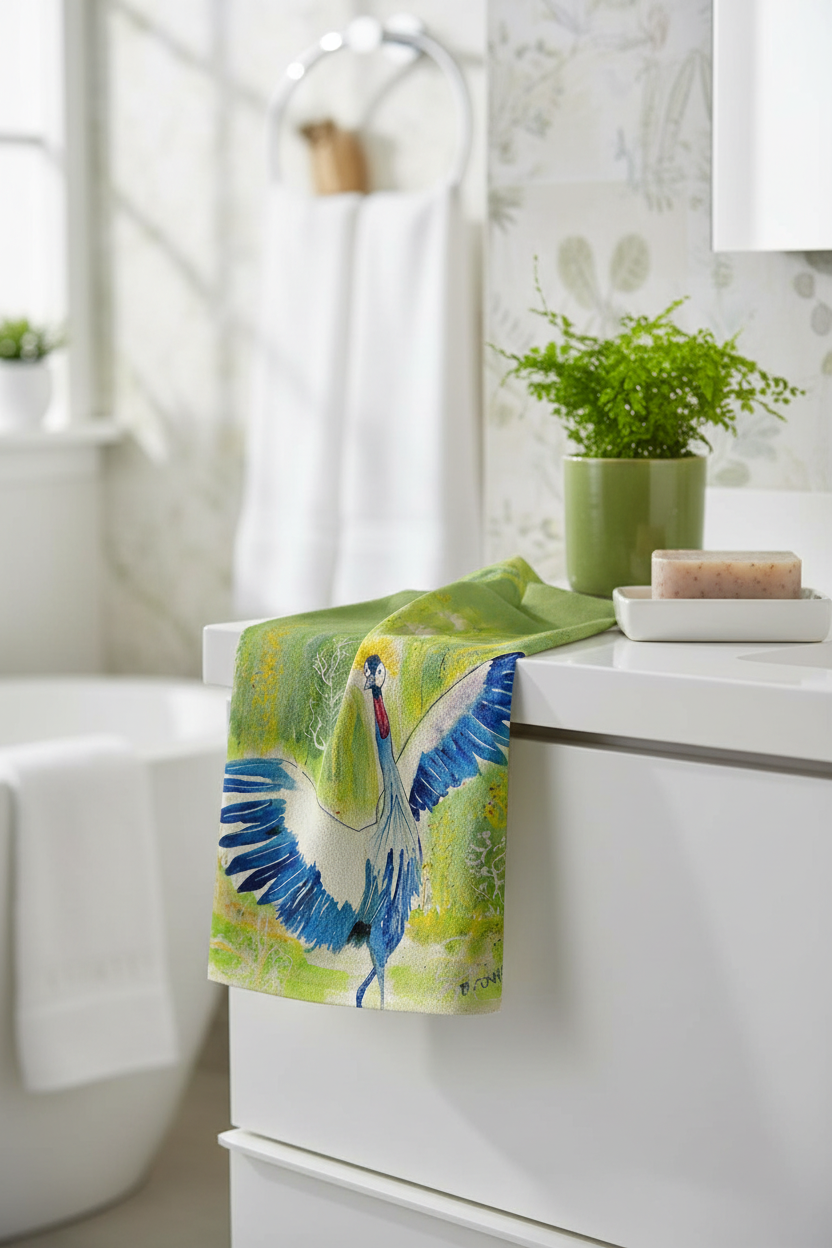 Betsy Drake Interiors Dancing Crane colorful crowned crane bird art guest towel draped over a white bathroom vanity with a green potted plant and ceramic soap dish