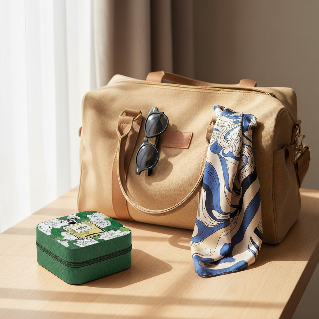Toss Designs green floral perfume-bottle travel jewelry box closed beside a weekend bag, sunglasses, and scarf