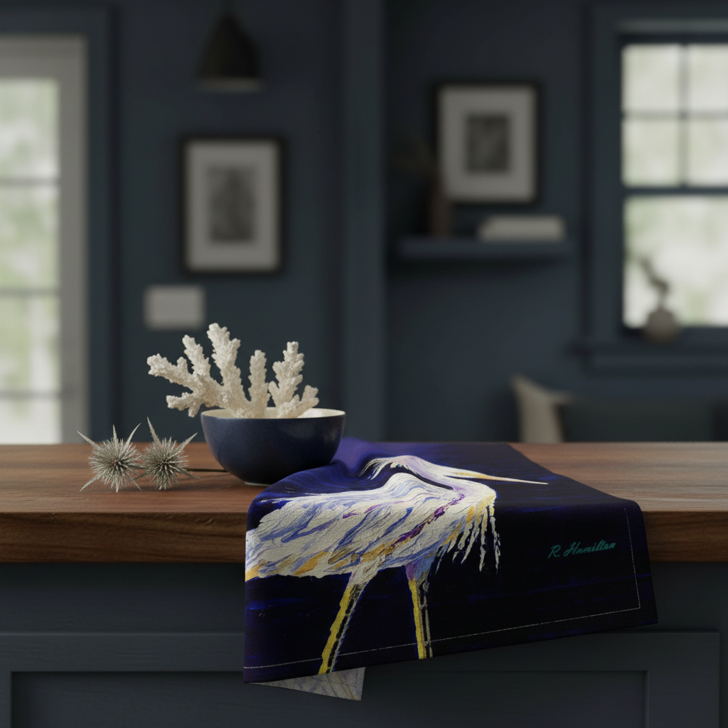 Betsy Drake Interiors Palette Snowy Egret tea towel folded on a dark wood kitchen counter with a coastal vignette of a navy bowl and white flowers