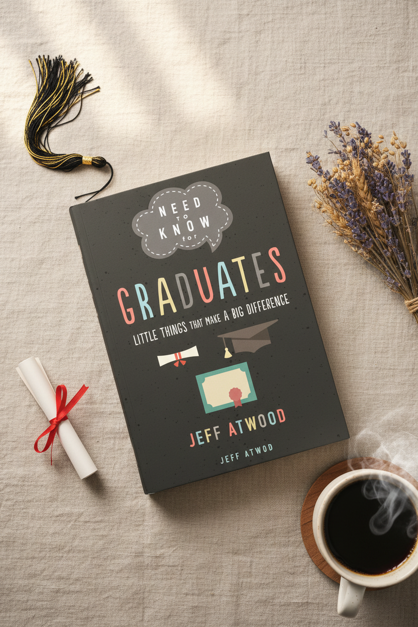Book titled 'Need to Know for Graduates' by Jeff Atwood on a textured surface with a tassel, diploma, and coffee cup.