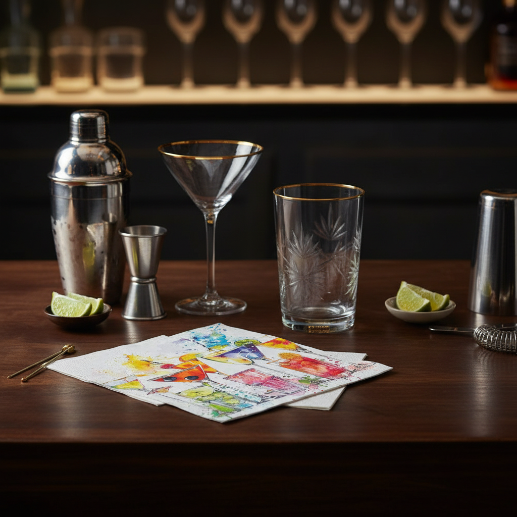 Bar setup with cocktail shaker, glasses, and limes on a wooden surface.
