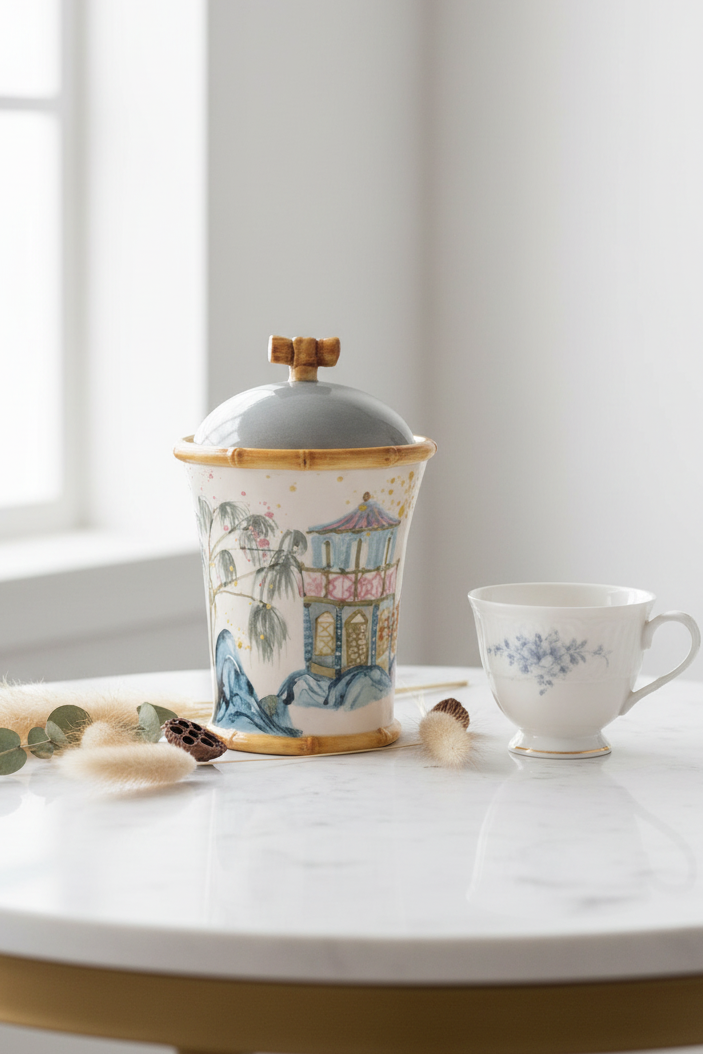Decorative ceramic jar and cup on a marble table with a window in the background - Creative Co-Op Hand-Painted Stoneware Canister with Chinoiserie House, Palm Tree & Bamboo Design