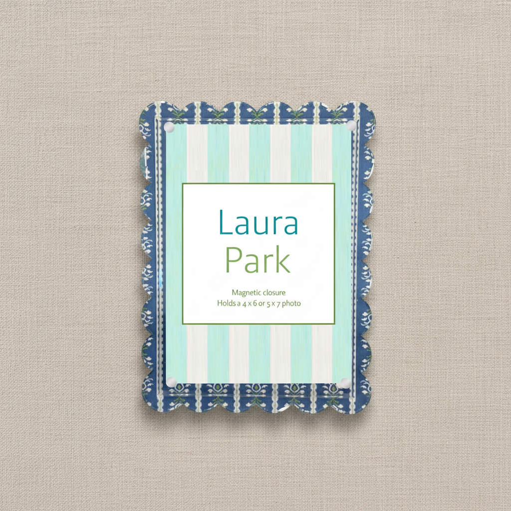 Photo frame with striped design and 'Laura Park' branding on a textured beige background
